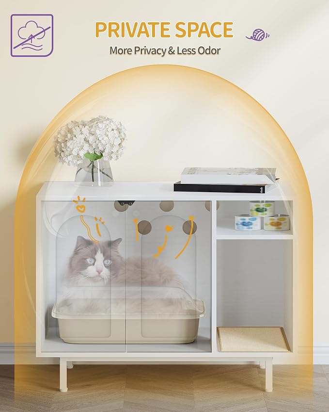 Hzuaneri Cat Litter Box Enclosure, Hidden Litter Box Furniture with Storage | Large Wooden Cabinet with Sisal Mat, Modern Cat Washroom for Living Room, Bedroom, Entryway, White CB01513W