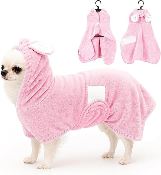 Pet Bathrobe Towel Dog Cat Drying Coat Super Absorbent Cute Dogs Bath Towel Hooded Robe Adjustable Collar & Belly Strap for XSmall to XLarge Pets (Pink, X-Small)