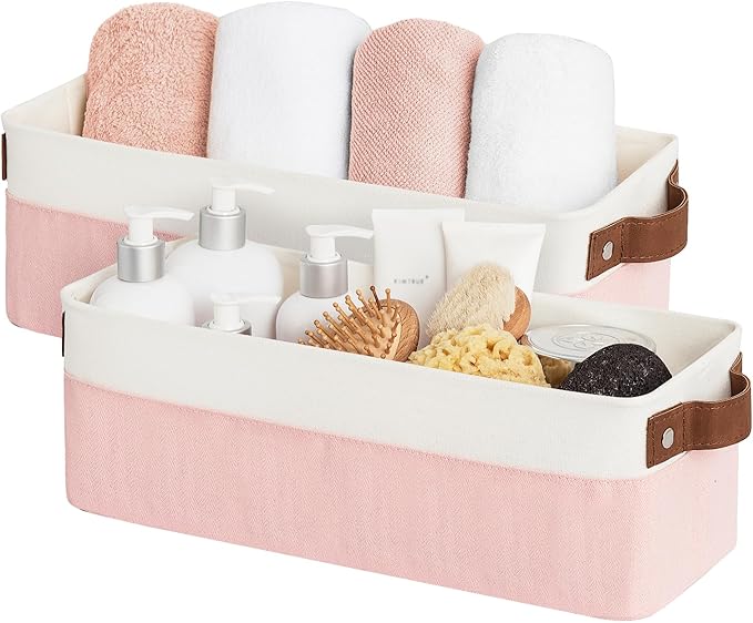 StorageWorks Narrow Fabric Storage Bins, Pink and White, 2-Pack | With Metal Frame, Sturdy Structure, Reinforced Handles, Toilet Paper Storage, Small Storage Bins for Bathroom, Closet, Shelf