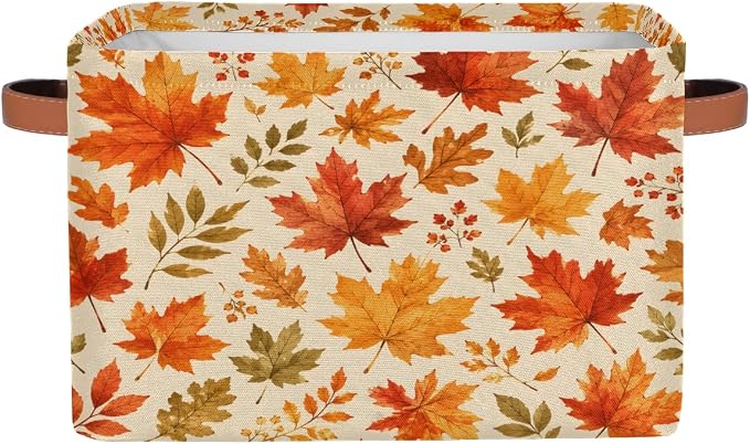 Leaf Fall Basket Storage Bins Rectangle Canvas Basket Cube Storage Box | Nursery Foldable Basket with Handle for Kids Girls Boys Toys Living Room Closet Organizer Shelf Gifts Autumn Fall