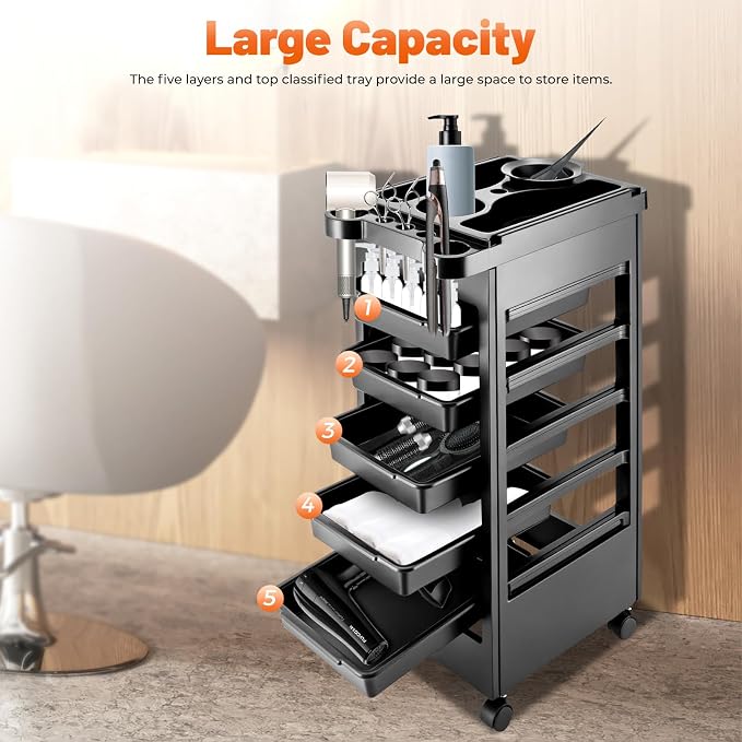 Hair Styling Salon Trolley Cart, Cart Rolling Organizer Mobile Barber Station with 5 Drawers and Dryer Holder for Hair Salons Pet Shops Beauty Salons