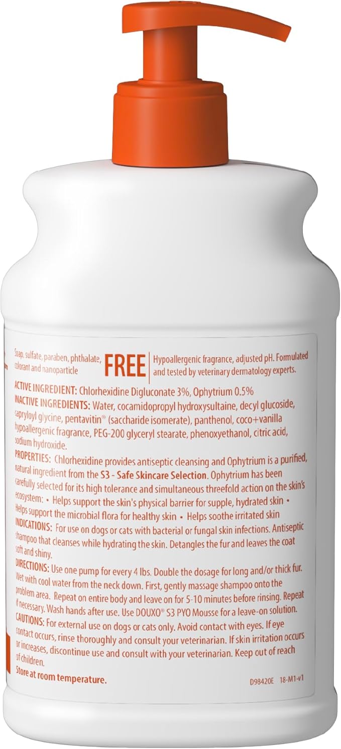 Douxo S3 Pyo Shampoo, Contains 3% Chlorhexidine & 0.5% Ophytrium, Antiseptic & Hydrating, For Bacterial or Yeast Skin Infections, For Dogs and Cats, 16.9 fl. oz. (500mL)