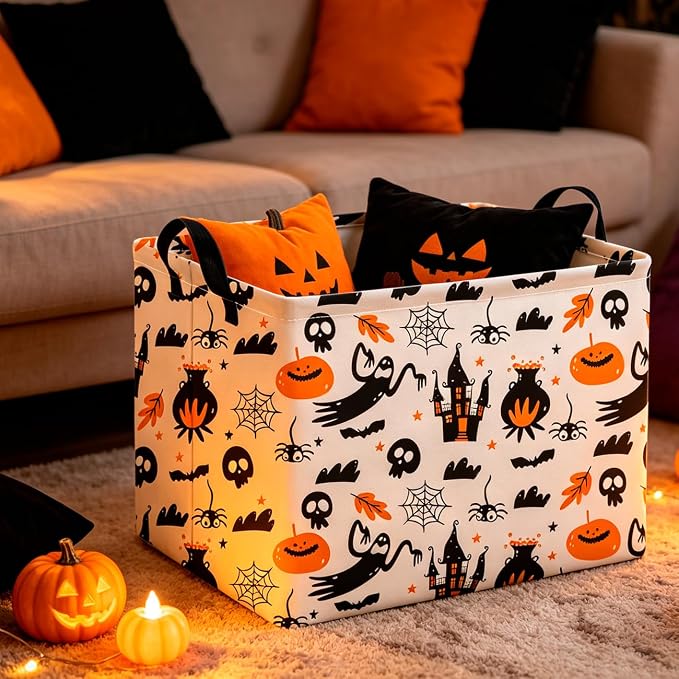 CLOCOR Rectangular Storage Basket,Waterproof Books Box with Handles,Gift Basket(Castle Halloween)