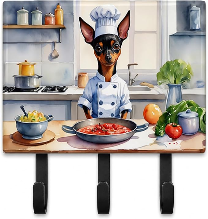 Caroline's Treasures Miniature Pinscher The Chef Leash or Key Holder Wall Hooks, Key Hooks Holder, Coat Rack Wall Mount, Coat Hooks, Hooks for Hanging Keys, Towels, Aprons, Leashes | Miniature Pinscher The Chef artwork on ceramic tile with three steel ...