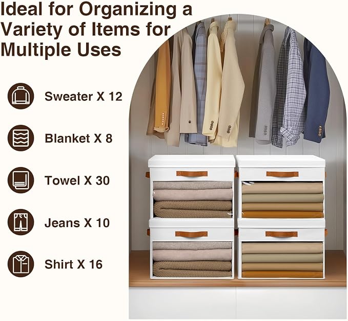 Large Storage Bins with Lids - 6 Pack Foldable Decorative Organizers with Clear Windows & Handles, Cube Storage Organizers for Clothes, Blankets, Sweaters, Sheets, White