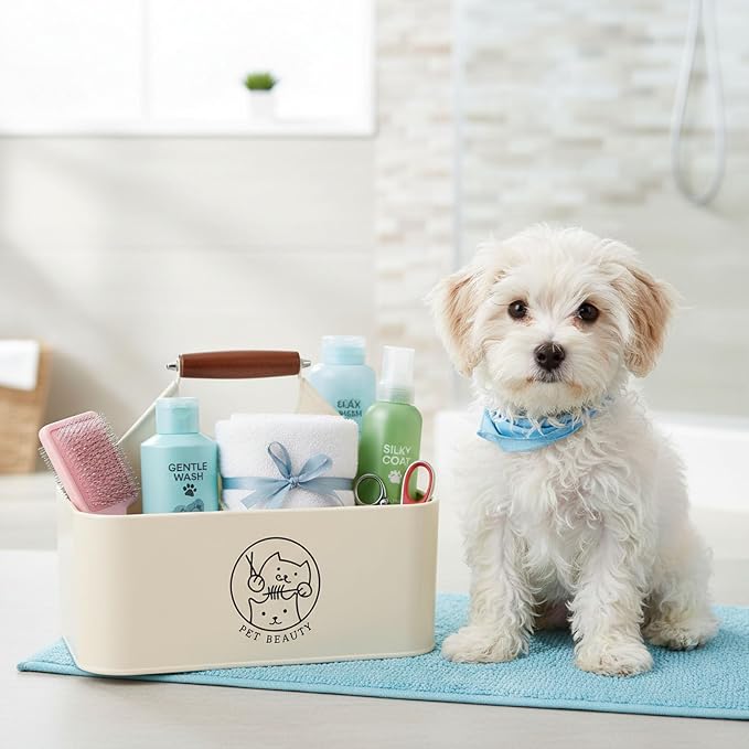 Premium Dog Cat Grooming Organizer 4-Compartment,Metal Caddy for Pet Stuff with Wooden Handle-Powder Coated Storage Bin for Dog Cat Grooming Kit, Nursing Supplies -Cream White