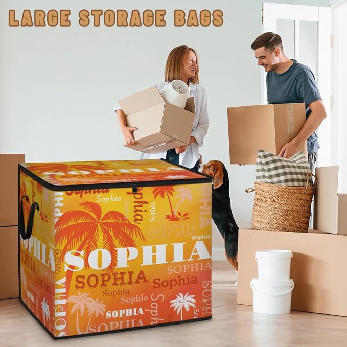 Custom Name Large Clothes Storage Organization with Lids, Shelf Basket, Bedding Clothes Towel Storage Bin for Nursery, Gift Basket, Pet Basket, Dark Orange Tropical Palm Trees Gradient Yellow Orange