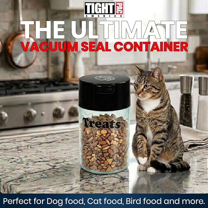 Tightpac Pawvac 1 to 6 Ounces Container, Airtight Pet Food and Treats Storage Jar - Patented Vacuum Seal Container for Pet Food, Treats and other Dry Goods - Clear with Treats