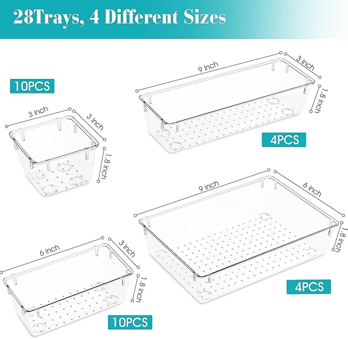 StorMiracle 28 PCS Clear Plastic Drawer Organizers Set, 4 Size Desk Drawer Organizer Trays for Makeup, Jewelry, Kitchen Utensils, Gadgets and Office Accessories | 4 Size Desk Drawer Organizer Trays for Makeup, Jewelry, Kitchen Utensils, Gadgets and Office