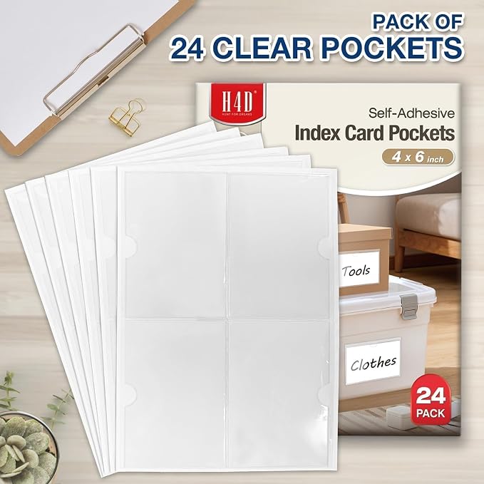 H4D 24 Pack labels for Storage Bins, 4" x 6" Plastic Clear Adhesive Pockets | Top-Open Index Card Holder, Waterproof & Removable Labels for Storage Bins, Totes, Containers, Shelves & Library Organization