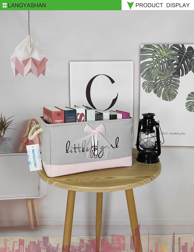 Rectangular Thick Pink Storage Bin Household for Closet Kitchen Office Lace | Foldable Space Saving Canvas Fabric Laundry Hamper with Handles Organizer for Boys Girls Bedroom Shelf Gifts Baskets