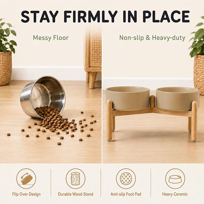 Havniva Ceramic Dog Bowls Elevated, Raised Dog Food Bowl for Small Dogs | 8.3” Elevated Dog Bowls, Non-Slip Wood Stand, Dog Food and Water Bowl Set, Dog Feeding Dish, Large Capacity Pet Water Bowl