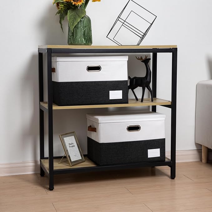 Foldable Storage Bins with Lids [3-Pack] Fabric Collapsible Storage Boxes Baskets Cubes Containers with Handles for Closet Living Room Bedroom (Black & White 17.7x11.8x11.8'')