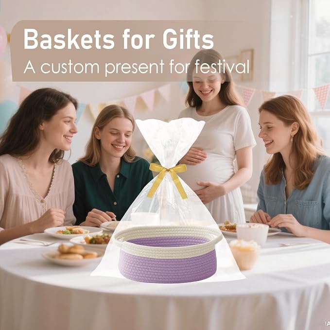 JMvicyroam Small Woven Basket, Empty Gift Basket, White&Purple/1 Pack | Small Gift Basket, Cotton Rope, 12 x 8 x 54 in, Handles, Includes Ribbon and Bag, Birthday Gift Basket