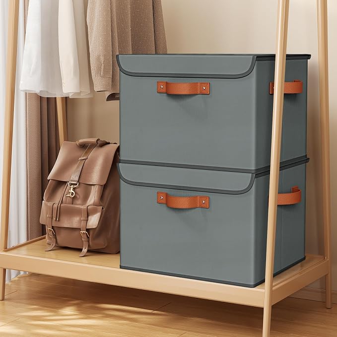 Univivi Fabric Storage Cubes with Lids, Stackable Storage Box, Grey, 3 PCS | Heavy Duty, Large Capacity, Leather Handle, Oxford Fabric, Sturdy PP Board, Storage Bins for Bedroom, Closet, Nursery, Office