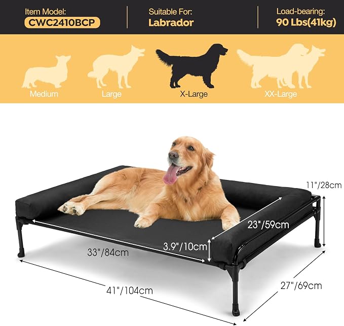 Veehoo Outdoor Elevated Dog Bed-Cooling Raised Dog Cot for Large Sized Dogs | Three-Sided Fence Raised Pet Cot with Mesh & No-Slip Feet Dog Hammock Bed with Removable Bolster-41" x 27" Black