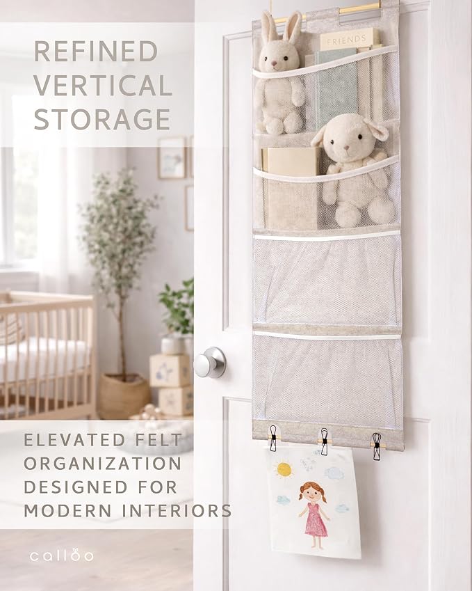Over the Door Stuffed Animal Storage for Kids – Felt Organizer with Clips to Display Art and Mesh Pockets for Stuffies, Books and More – Space-Saving Hanging Design that Grows with your Child