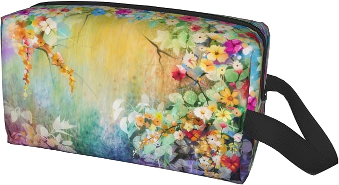 Bright Flowers Makeup Bag Watercolor Floral Cosmetic Bag | 600D Oxford Fabric, Shockproof Foam Padded, Travel Cosmetic Organizer, For Gym & Daily Use, 10x6.2x4.9 Inch
