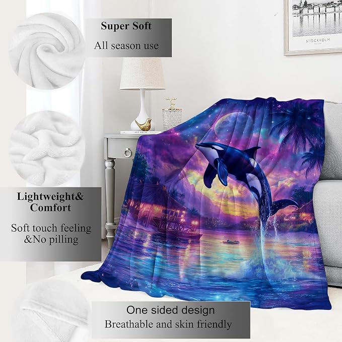 Whale Blanket Ocean Scene Throw Blankets with Night Sky & Tropical Paradise,Birthday Gifts for Kids Adult & Animal Lovers,Lightweight Soft Fleece,for Sofa Couch Bed Room Decor 50x60in