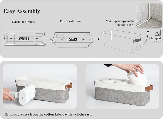 StorageWorks Narrow Storage Bins, Small Baskets, Grey and White, 2-Pack | With Metal Frame, Sturdy Structure, PU Handles, Toilet Paper Storage, Long Storage Bins for Bathroom, Closet, Shelf