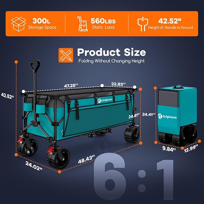 Originsure 300L Beach Wagon Cart Foldable with Big Wheels,560lbs,Turquoise | 48" Folding Utility Wagon,7" All-Terrain Wheels,Heavy Duty Frame,Compact&Space-Saving,for Camping,Sports,Grocery,Garden