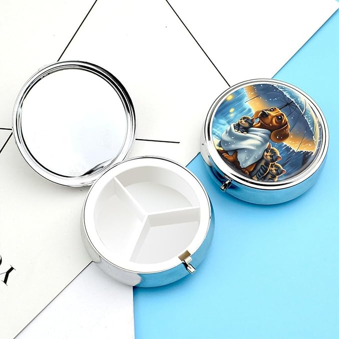 Pets Metal Round Pill Box, 3 Compartment Travel Organizer, Portable Pill Container with Secure Latch, 2 Inch Circular Vitamin Caddy for Pills and Vitamins, Gift for Him Her Elderly