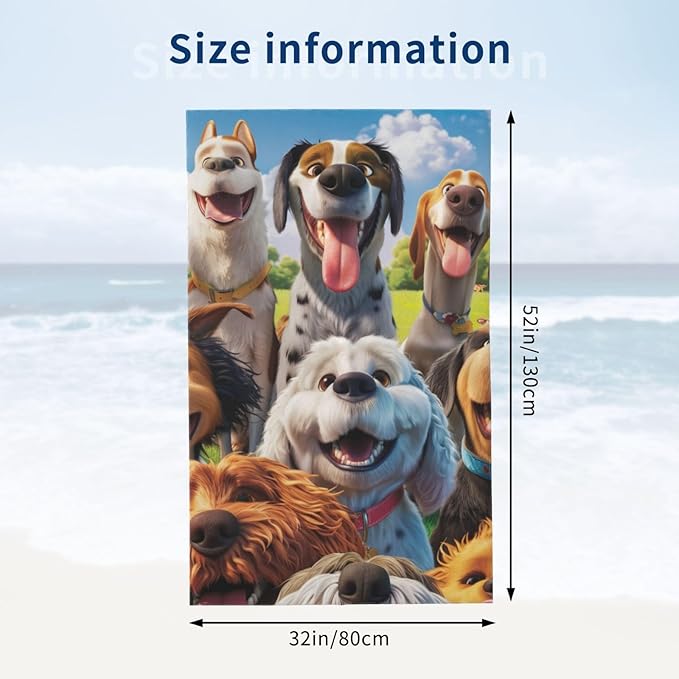 Funny Selfie Dogs Beach Towel for Women, Girls, Kids, Men, Cartoon Dogs Bath Towel Print 52" x 32" Pool Towel Super Soft Plush Cotton Dogs Towel