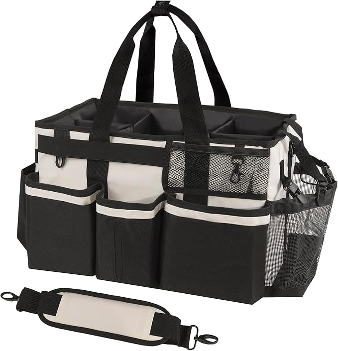 SCAVATA Wearable Cleaning Caddy, Cleaning Caddy Supplies Organizer with Handle & Shoulder Straps for Housekeepers, Under Sink & Car Cleaning Tool Organizers Bag with 4 Foldable Divider (Beige)