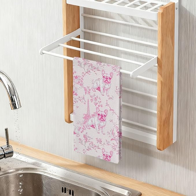 Pink French Bulldog Kitchen Dish Towels,Pink and White Floral Dog Towel Dish Tea Towels, Chinoiserie Decor for Kitchen Bathroom,French Bulldog Gifts for Dog Lover Mom Dad,16x24 Inch
