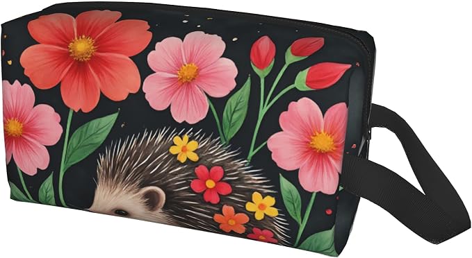 flower hedgehog Makeup Bag - Durable 600D Oxford Fabric Travel Cosmetic Bag, Shockproof Foam Padded Toiletry Organizer for Gym & Daily Use 10x6.2x4.9 Inch