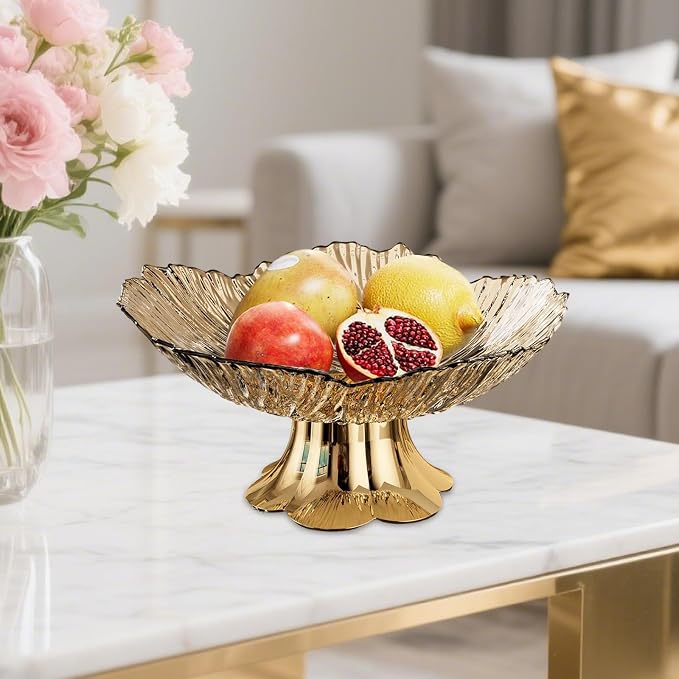 Pedestal Fruit Bowl, Snack Storage Holder, Fruit Tray, Dessert Display Stand, Decorative for Living Room Kitchen Home, E with Gold Base, Gold