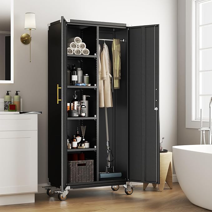 pozdeg 71" Black Rolling Lockable Metal Broom Closet Storage Cabinet