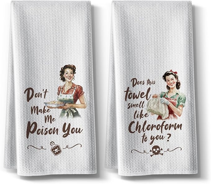 Funny Retro Housewife Kitchen Towels | Exclusive Humorous Pattern | Absorbent Decorative Tea Towels 16x24 Inch 2Pack Microfiber Kitchen Decor Housewarming Gifts for Women Men
