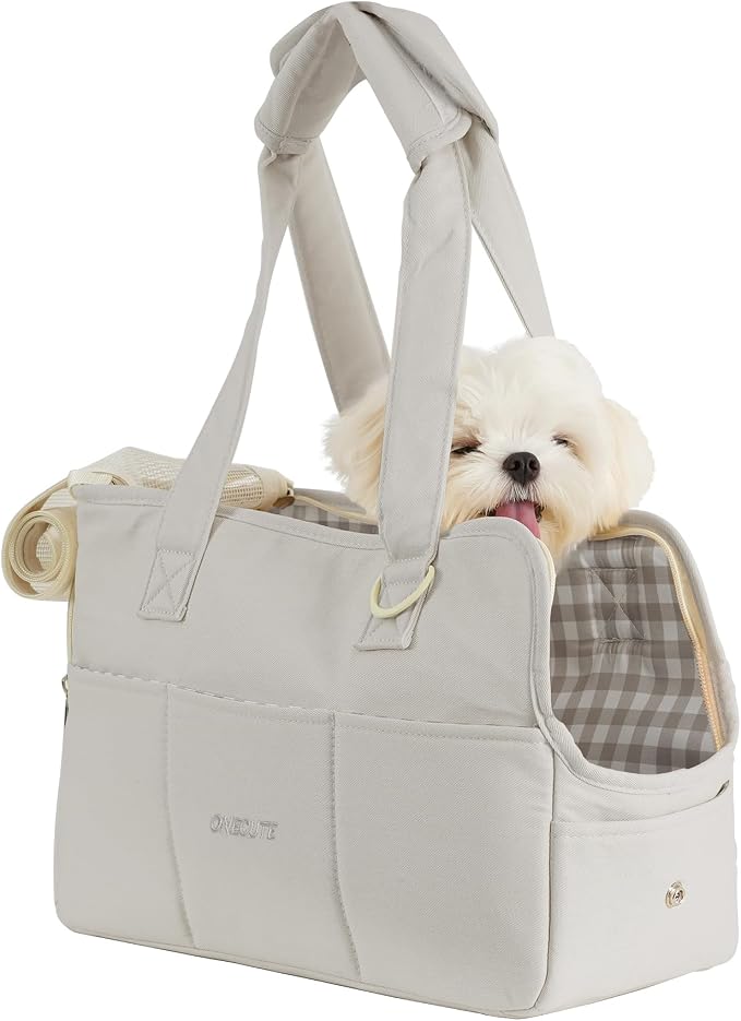 ONECUTE Dog Purse Carrier for Small Dogs Rabbit cat with Large Pockets, Cotton Bag, Dog Carrier Soft Sided, Collapsible Travel Puppy Carrier (Grey, 13.6" L x 6.5" W x 10" H)