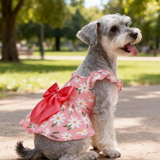 Dog Dress with Sleeve Ruffles, Floral Pet Dresses with Bow Tie for Small Meduim Dogs Puppy Cats Girl, Cute Princess Dog Dresses Skirt Clothes Outfits for Spring Summer, Pink XS