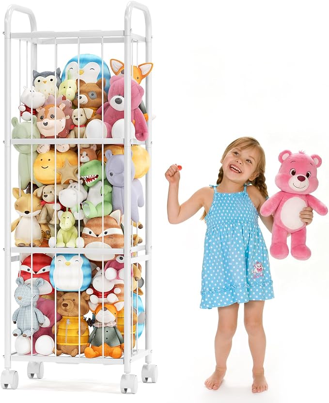 Stuffed Animal Storage Organizer with Wheels for Nursery Playroom | 53.5"x18.1"x13", holds 50+ plushies, sturdy metal frame, 4 casters with 2 brakes, wall anchor included, rounded corners