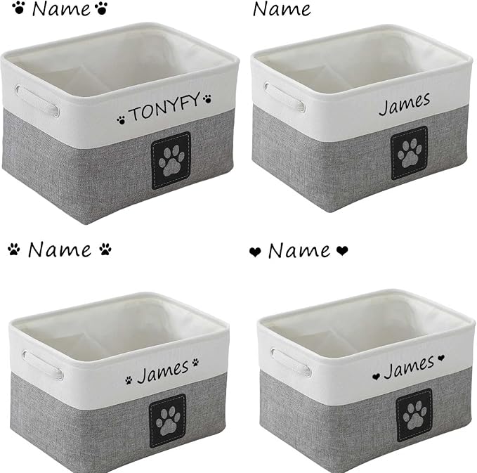 Custom Name Pet Dog Toys Basket/Bin, Paw Custom Personalized Logo Cat Clothes Box Accessories Organize Storage Bin, 4 Patterns Round Paw, Classic Paw, Heart or Name Only (Gray)