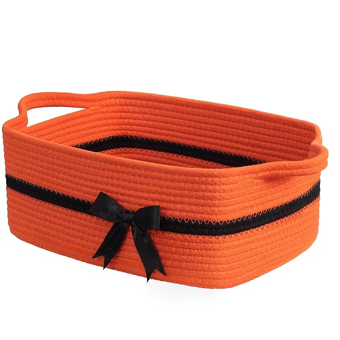 CHICVITA Small Storage Basket for Gifts, 13"x 10"x 5" Cute Woven Rope Gift Basket for Halloween, Baby Nursery Storage Baskets with Handles for Towels, Toys, Orange