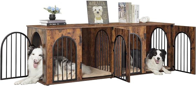 Hzuaneri 70.9" Double Dog Crate Furniture, Dog Kennel Indoor with Cushion | Heavy Duty Dog Crate Furniture for 2 Dogs,Dog Cage End Table TV Stand with Divider for Med-Large Dogs,Rustic Brown DFC81901B