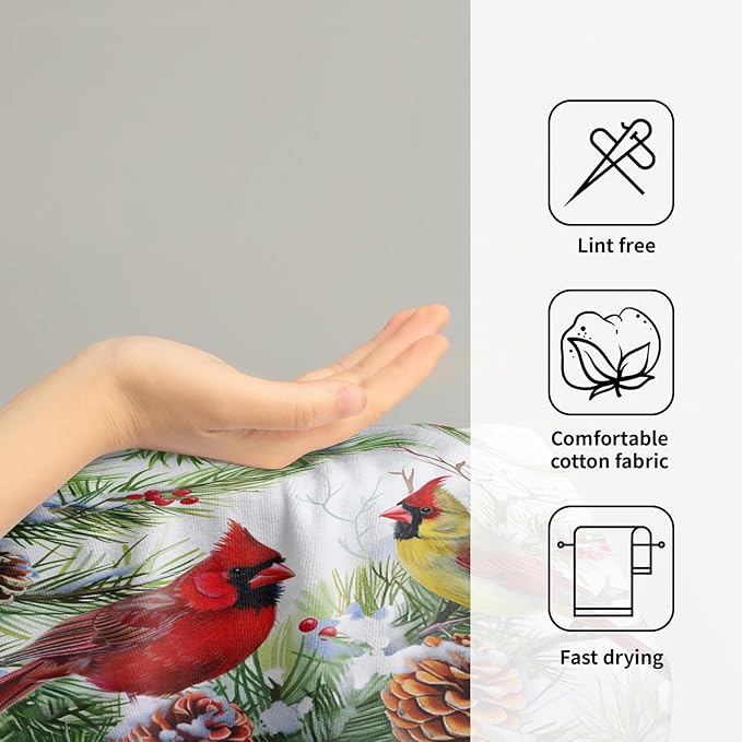 Giwawa Winter Birds Towel Set of 2 Christmas Red Birds Holly Berries Decorative Hand Towels Xmas Snow Pine Cones Soft Microfiber Face Towel Washcloth for Bathroom Guest Gym Spa Hotel Holiday