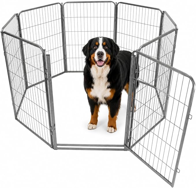 Dog Play Pen for Indoor Use - 40'', 8 Panels for Medium and Large Size Dogs - Portable Grey Playpen Kennel for House or Garage - Metal Heavy Duty Pet Fence with Anti-Slip Feet