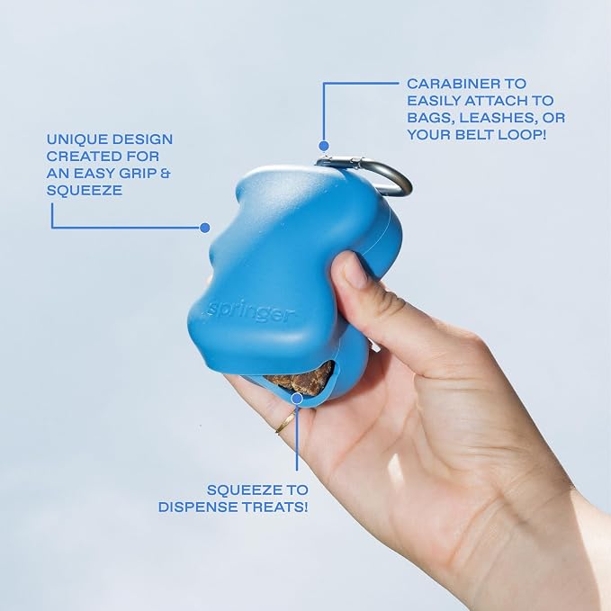 Springland Silicone Dog Training Treat Pouch for Leash, Blueberry | One-hand squeeze dispenser, food-grade silicone, BPA-free, carabiner included, easy-fill holder for rewards on the go