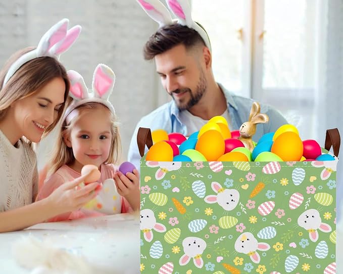 Large Rectangular Easter Baskets Empty Waterproof Boy Toy Box Foldable Kid's Gifts Storage Bin Spring Room Decor(Flower Carrot Rabbit Egg)