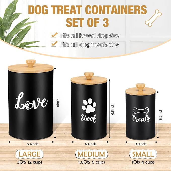 Tioncy 3 Pcs Dog Treat Container Airtight with Lids Spoon 8 x 5 & 7 x 4 & 6 x 4 Inch Dog Treat Jars for Counter with DIY Labels Pen Small Pet Food Storage Canister Cookie Snack Jars for Kitchen(Black)