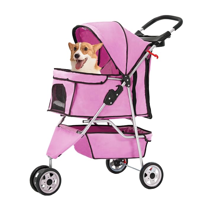 FDW Pet Stroller Foldable Dog Stroller 3-Wheel Durable Cat Jogger Stroller for Small and Medium Dogs Cats with Washable Liner Storage Basket Cup Holder,Pink