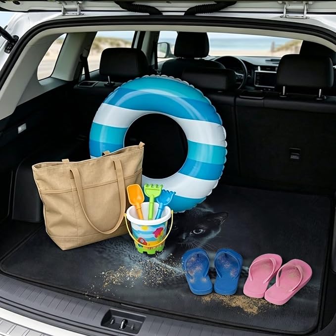 All Weather Cargo Mat for Most Cars SUV Black Cat Car Trunk Mat Full Coverage Trunk Protection Cargo Liner with Non Slip Backing Suitable Travel Picnic Camping (Black)