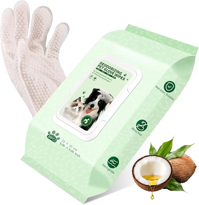 GLADFRESIT Pet Grooming Glove Wipes for Dogs & Cats, Hypoallergenic Deodorizing Cleansing Wipes with Coconut Oil & Botanical Extracts, 90 g Extra-Thick Gentle Wipes for Daily & Outdoor Care (20 Pcs)