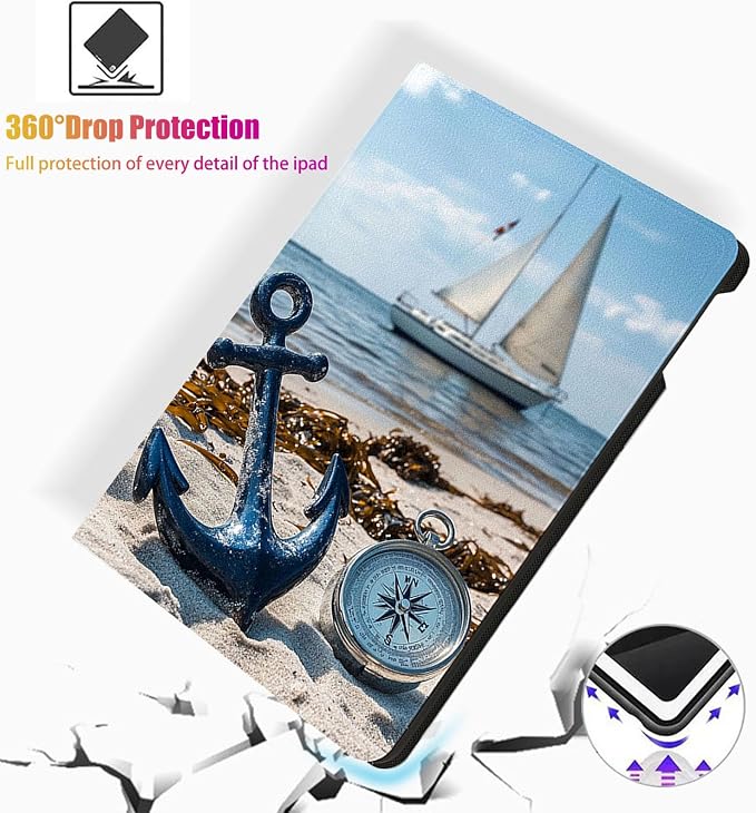 for Microsoft Surface Pro 11/10/9-13" 2024/2022 Tablet Case,Auto Wake/Sleep,Adjustable Stand Protective Cover - Nautical Anchor Compass