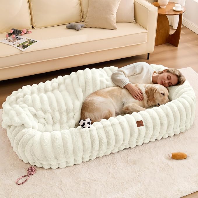 ChiXnuggle Orthopedic Human Dog Bed,Striped Faux Fur Washable Cover,Blanket | cream,72*40*10,giant dog bed for adult or extra large dogs,egg crate foam,non-slip bottom