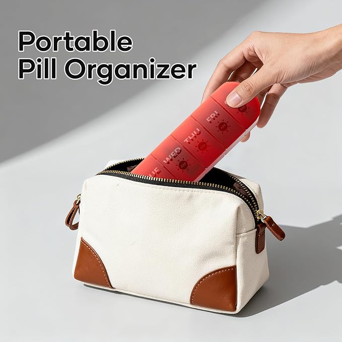 Double Layers Weekly Pill Organizer 2 Times a Day, Portable Travel Medicine Pill Organizer, Pill Box Case 7 Day AM PM Pill Container for Vitamins, Fish Oil, Supplements and Medication, Red